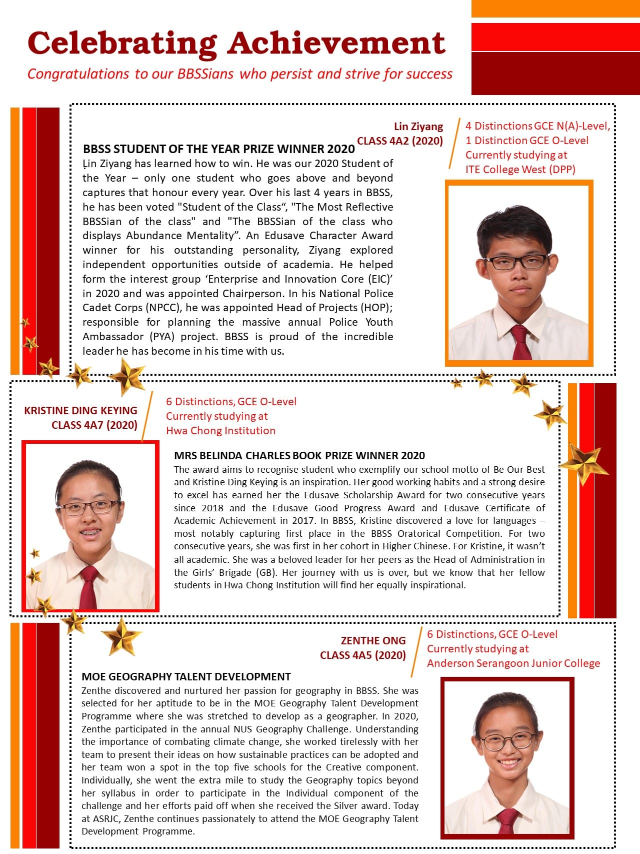 School newsletter titled Celebrating Achievement featuring three student award winners with photos and descriptions.